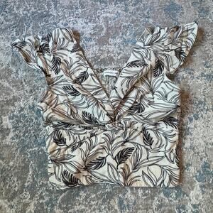 midnight sky flutter sleeve printed crop top – cream/black – size s